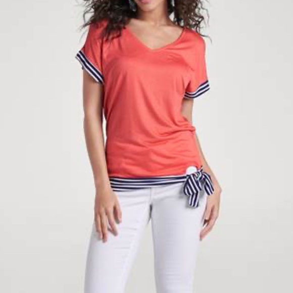 Venus Small Coral with Blue & White Stripe Side Tie Short Sleeve Shirt - Picture 5 of 13